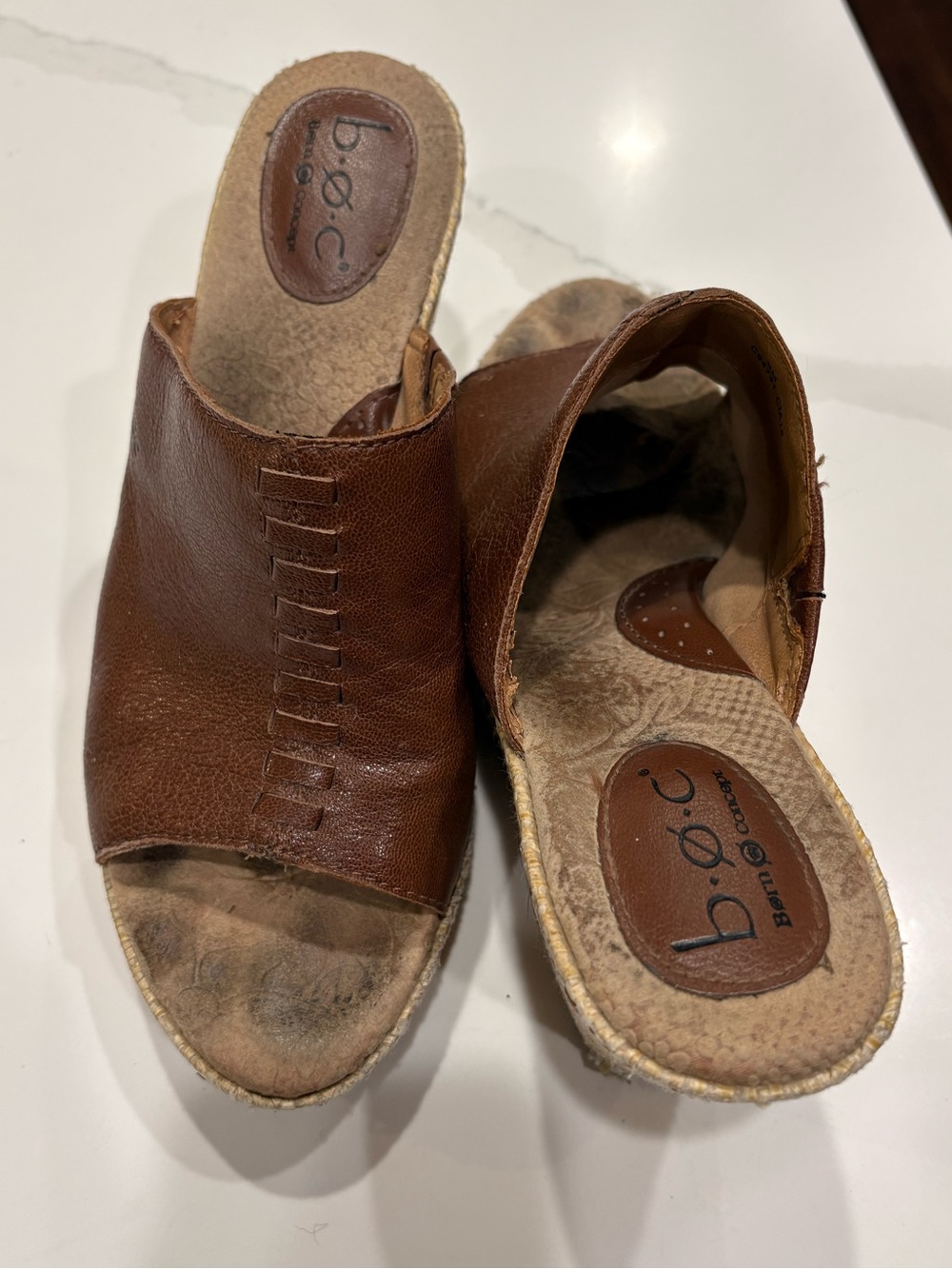 Børn Shoes B.O.C. Tan and Brown Slip-On Wedge Sandals. Size 9.
